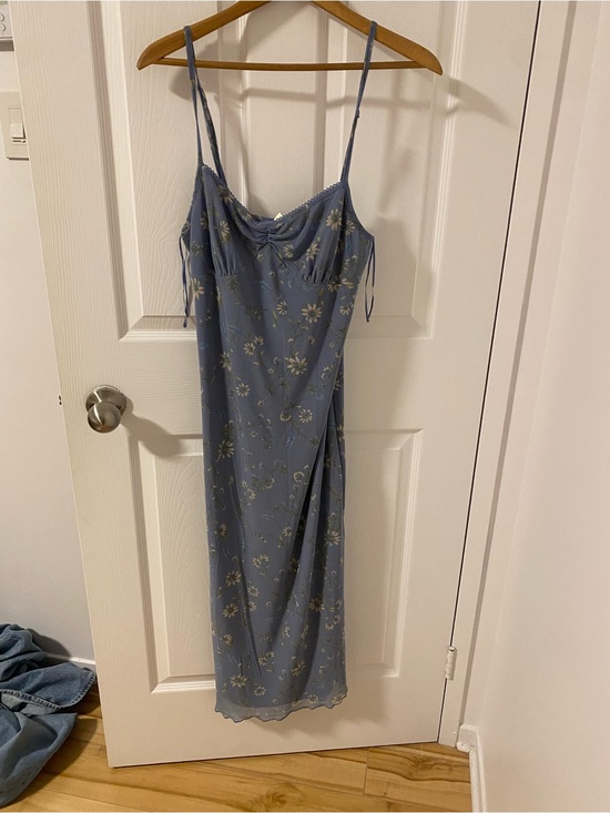Thirty Thirty Dresses & Skirts - Dusty Blue Floral Midi Slip Dress with Spaghetti Straps